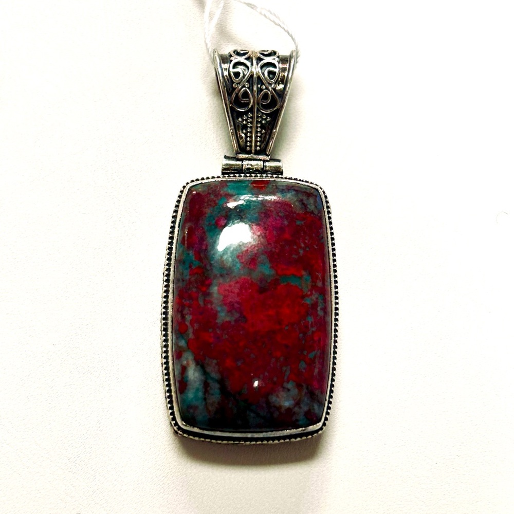 925 boho sterling silver red / green jasper rectangular necklace pendant